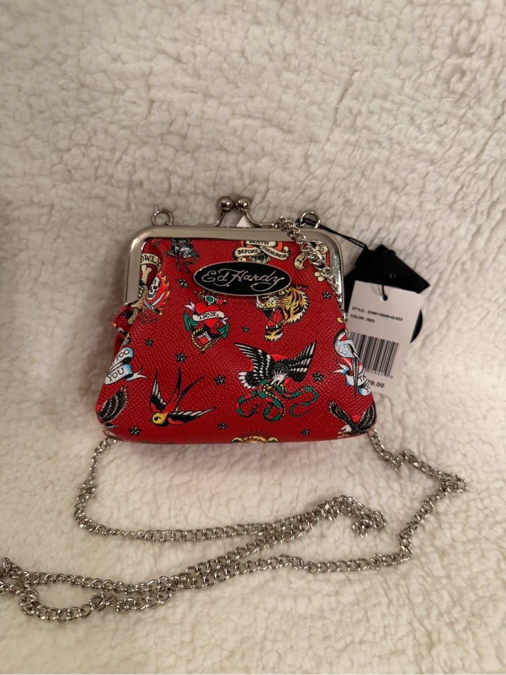 Ed Hardy Red Tattoo-Print Mini Chain Crossbody